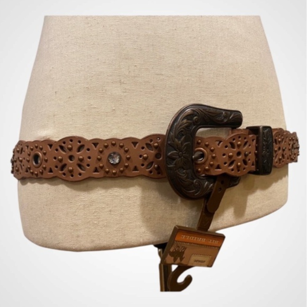 Women’s Brown Leather Studded Western Belt Bit & Bridle Cowgirl Buckle XL NWT